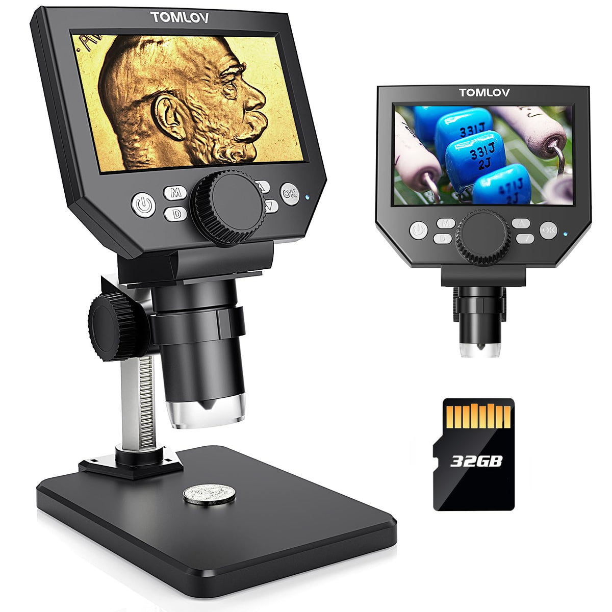 TOMLOV Coin Microscope LCD Digital Microscope 1000X, Coin Magnifier with 8 Adjustable LED Lights, PC View Compatible with Windows/MacBook, Built-in Long Lasting Battery, DM4 Lite, 4.3 Inch