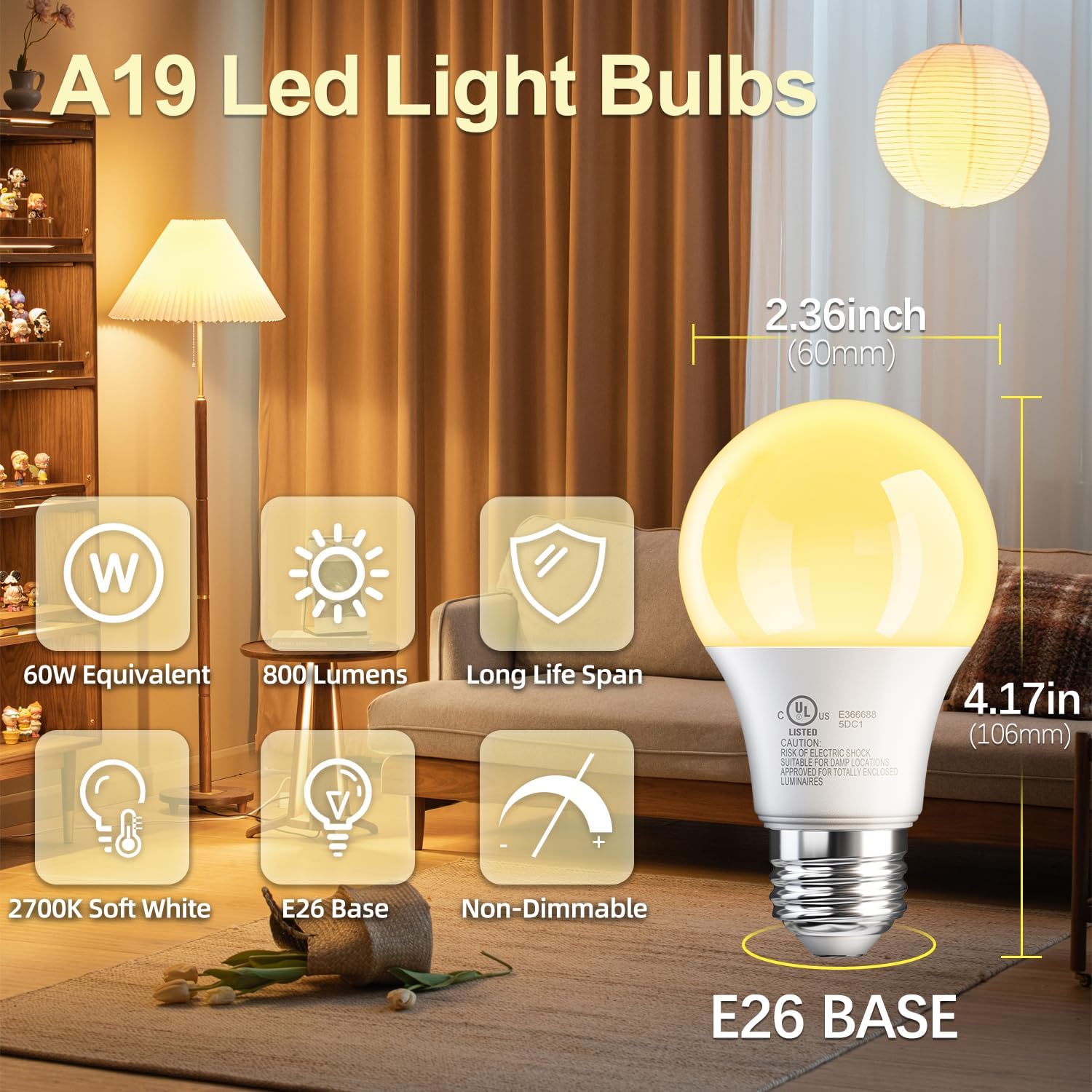 TJOY 6 Pack A19 LED Light Bulbs, Soft Warm White 2700K, 60 Watt Eq,E26 Base