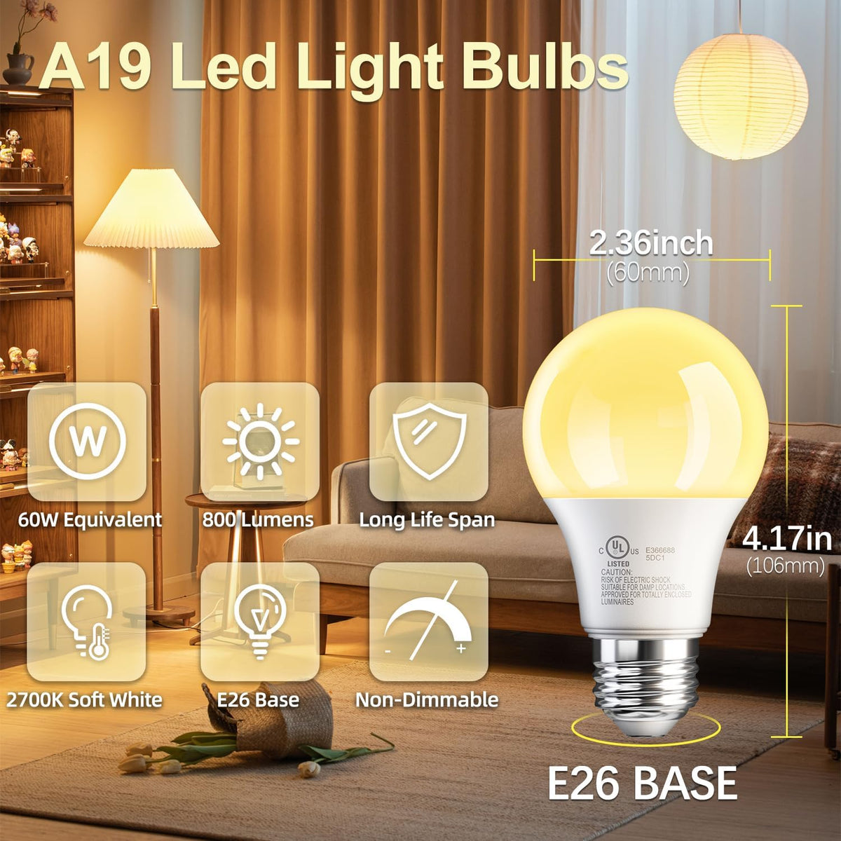 TJOY 6 Pack A19 LED Light Bulbs, Soft Warm White 2700K, 60 Watt Eq,E26 Base