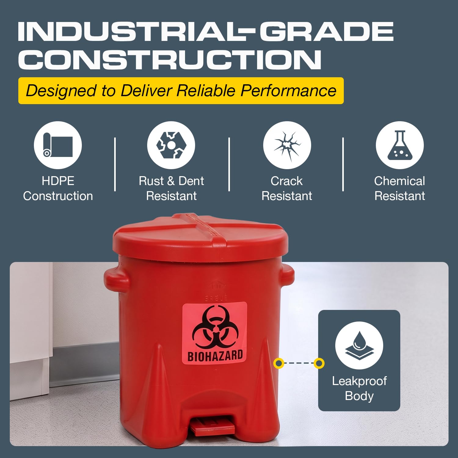 Eagle Biohazard Trash Can, Self-Closing Lid, 6 Gallon, Made in the USA, Red