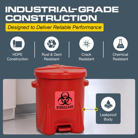 Eagle Biohazard Trash Can, Self-Closing Lid, 6 Gallon, Made in the USA, Red