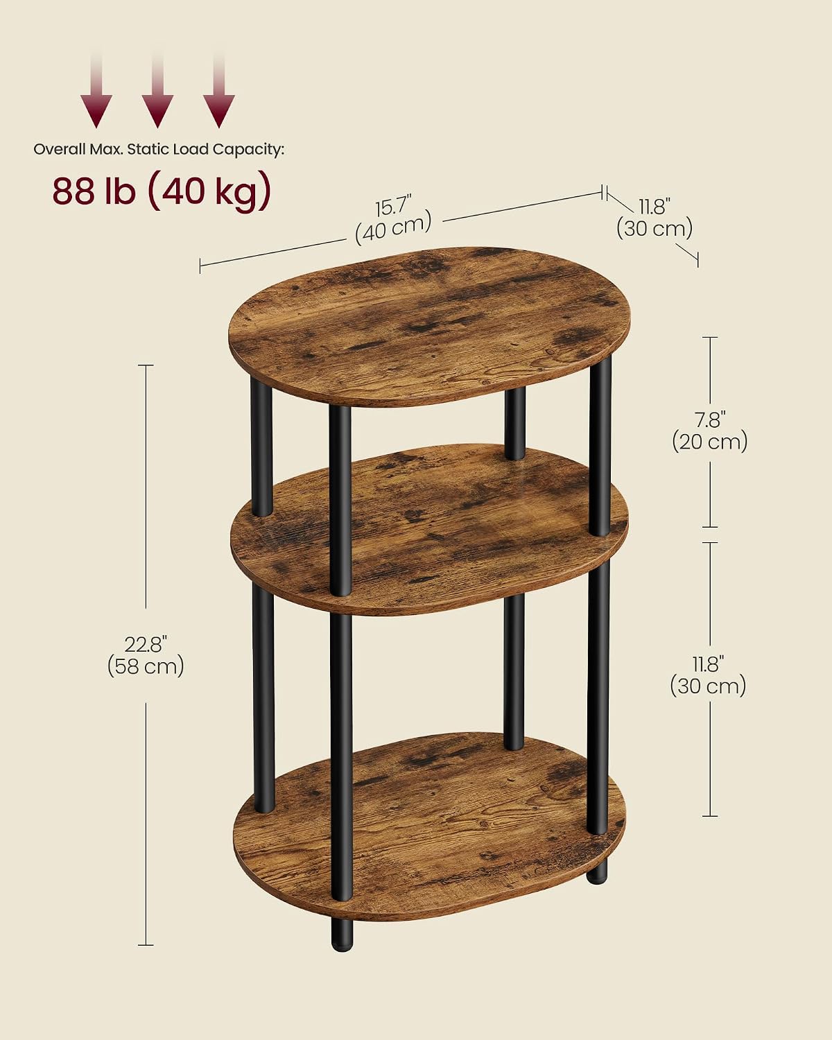 VASAGLE Side Table, Small End Table, Tall Nightstand, Steel Frame