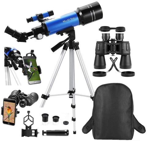 MaxUSee Travel Telescope with Backpack - 70mm Refractor Telescope & 10X50 HD Binoculars Bak4 Prism FMC Lens for Moon Viewing Bird Watching Sightseeing