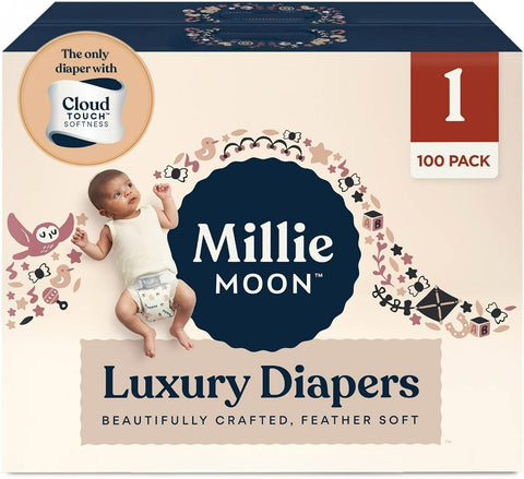 Millie Moon Luxury Diapers, CloudTouch Softness, 12-Hour Leak Protection, Hypoallergenic for Sensitive Skin (1-100ct)