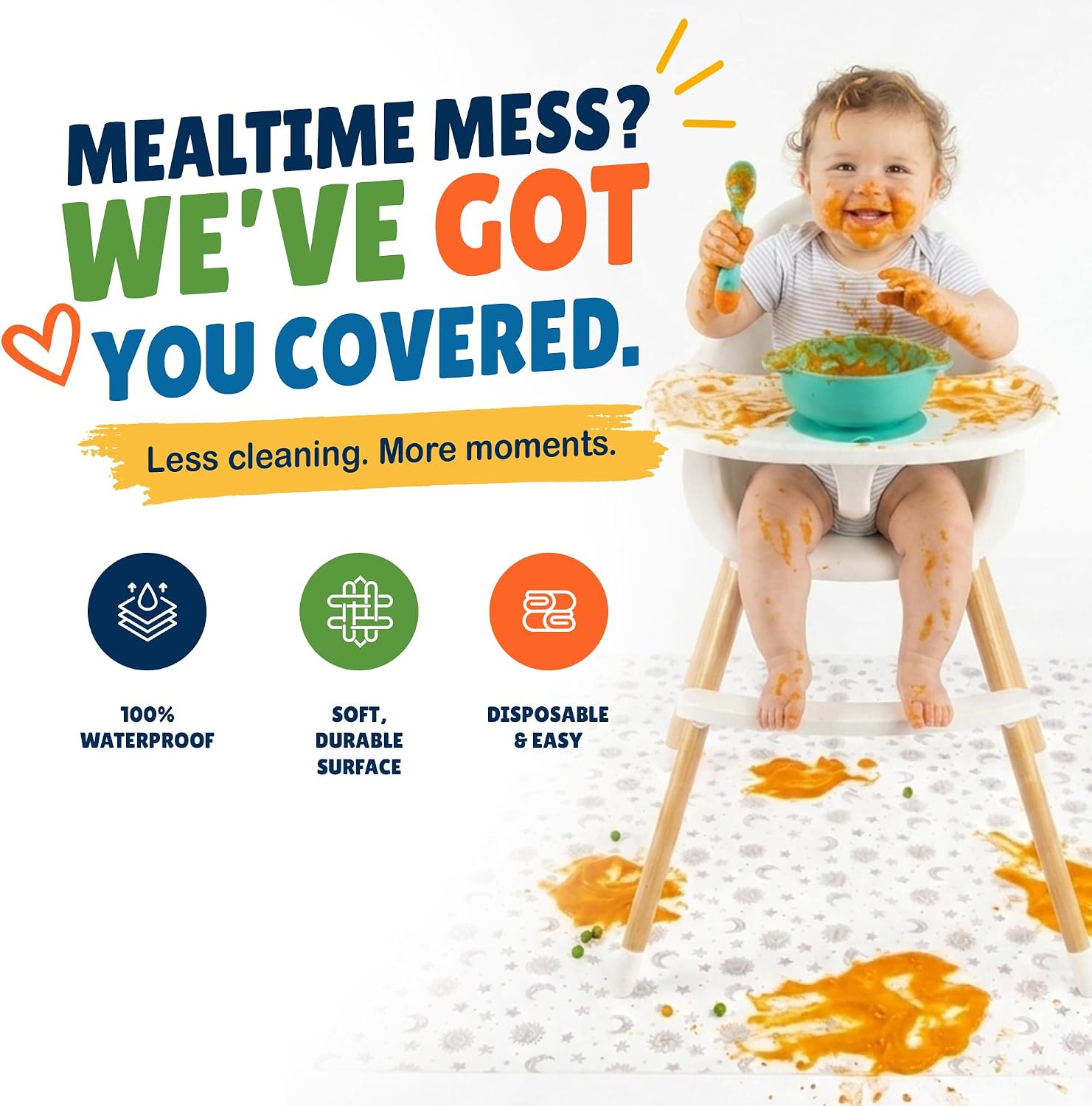 60 Pack Disposable Splat Mats by Eli with Love - Extra Large 49"x49" 100% Waterproof Baby Splat Mat for Under High Chair - Plastic Mat Liner for Floor - Protect from Spills (Moon & Stars, 60 Pack)