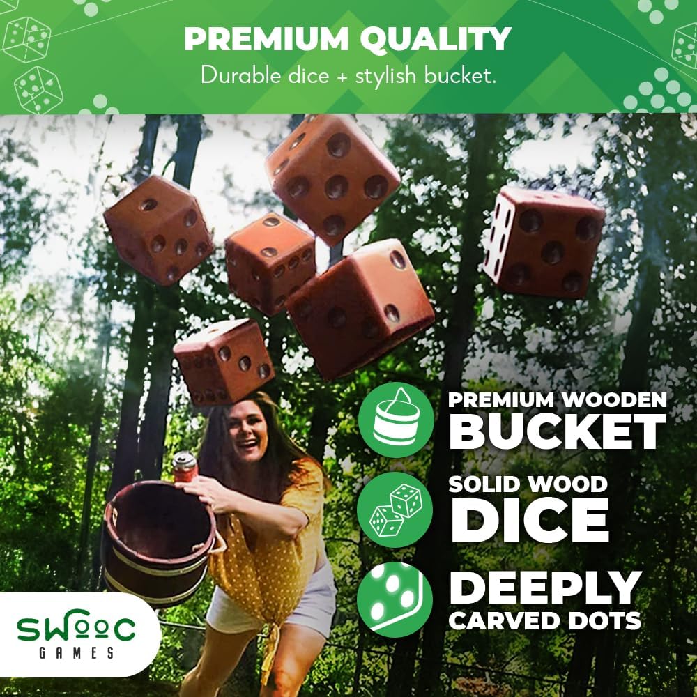 Swooc Games - Yardzee, Farkle & 20+ Giant Dice Games (All Weather) Yard Dice with Wooden Bucket, 5 Scorecards & Marker - Jumbo Dice Yard Game - Extra Large Yard Game for Adults - Jumbo Lawn Fun