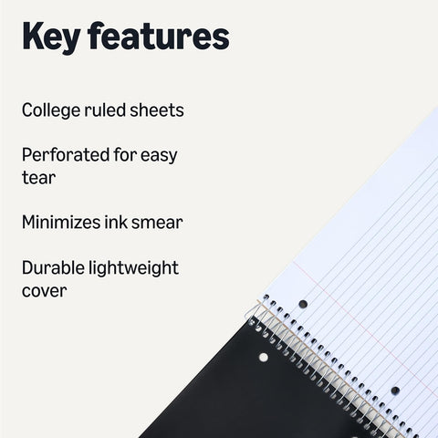 Amazon Basics College Ruled 5-Subject Spiral Notebook, 200 Sheets, 9" x 11", Black