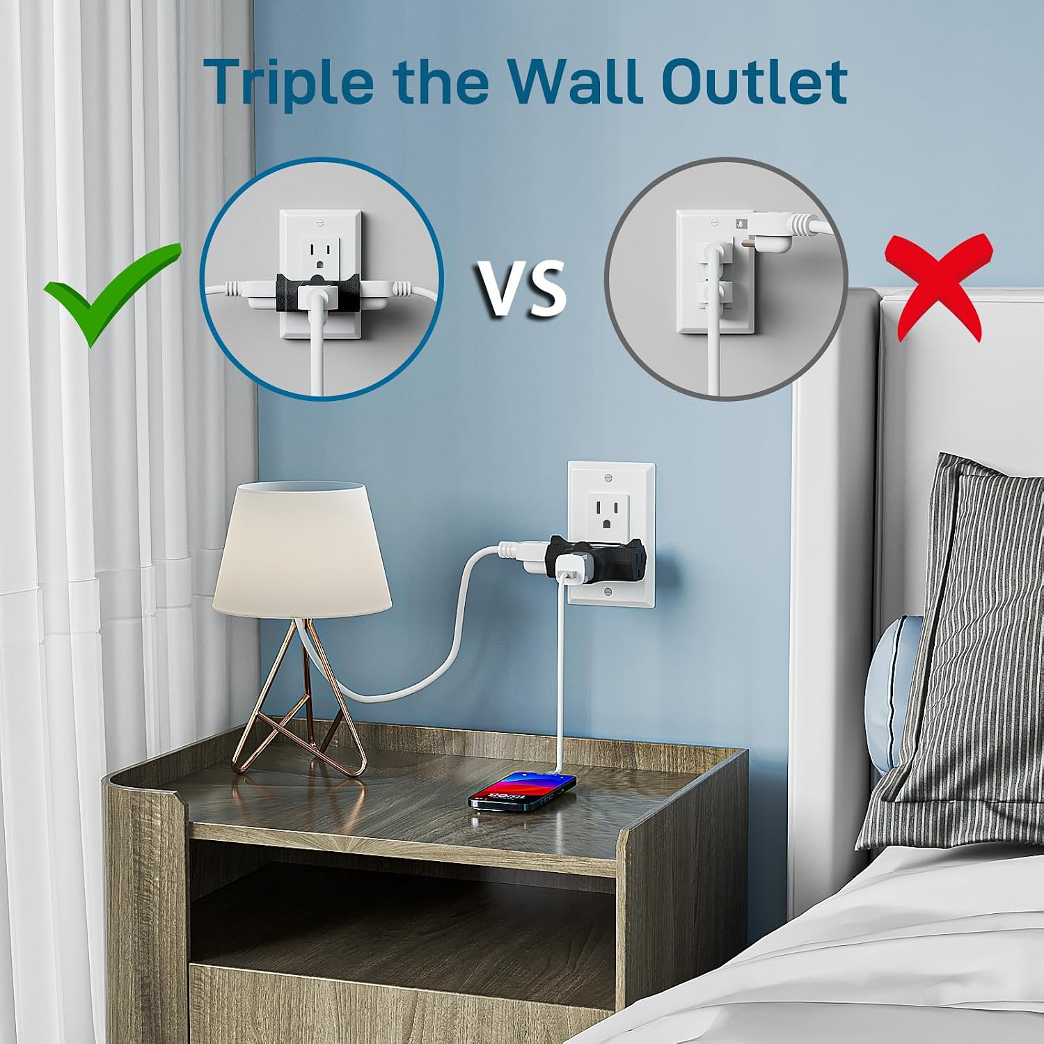K KASONIC 3 Outlet Grounding Adapter, Heavy Duty Plug Extender 3 Pack Black