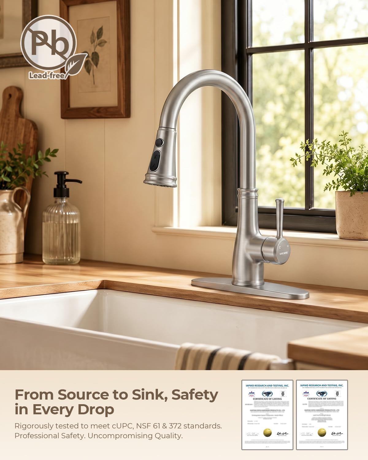 WEWE Vintage Kitchen Faucet, Pull-Down Sprayer, Brushed Nickel, High Arc