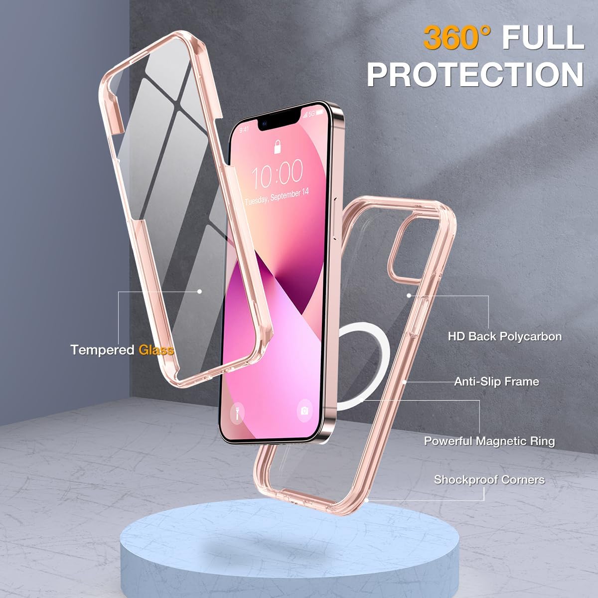 miracase for iPhone 13 Case 6.1",Built-in Glass Screen Protector,Clear Pink