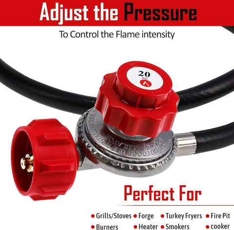 GasOne 2109-RED 4 ft High Pressure 0-20 PSI Adjustable Regulator with Red QCC-1 Type Hose-Works with Newer U.S. Propane Tanks