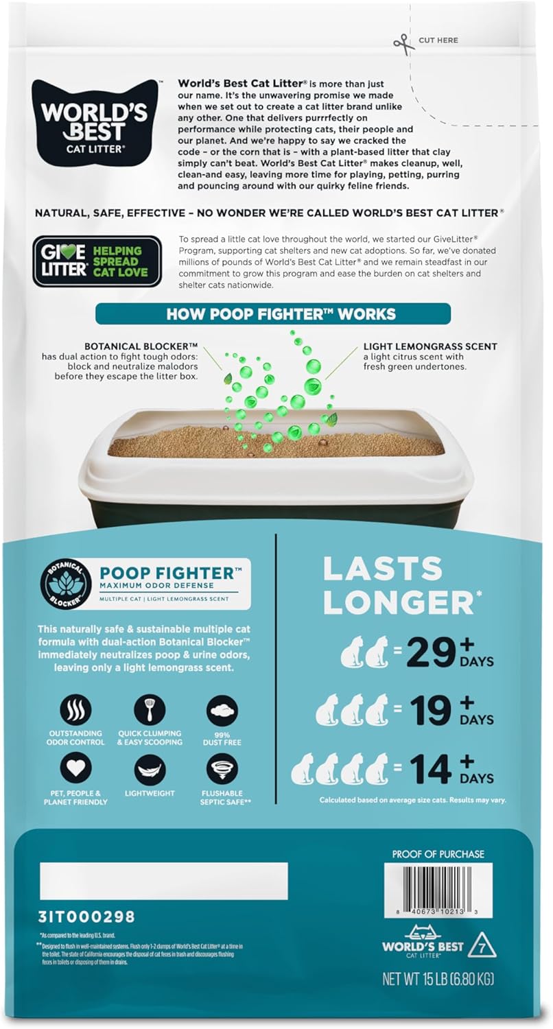 World's Best Cat Litter Poop Fighter, Urine & Poop Odor Defense, 15 lb Bag