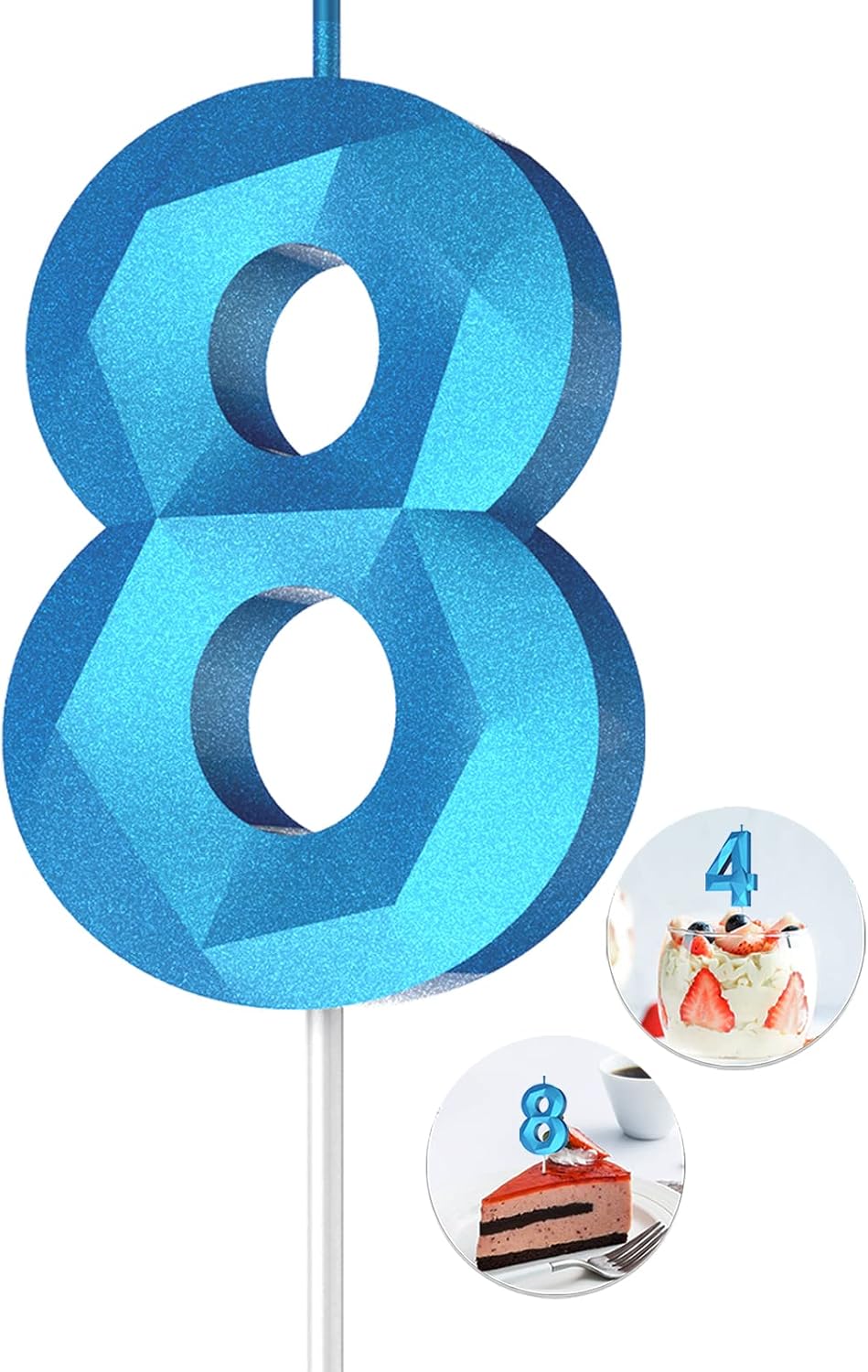Number Birthday Candles(8 Candle Blue) 3D Diamond Shape Number Happy Birthday Cake Candles for Birthday Party Wedding Decoration Reunions Theme Party