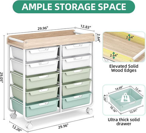 10 Drawer Rolling Storage Cart with Wood Top for Classroom Crafts Green