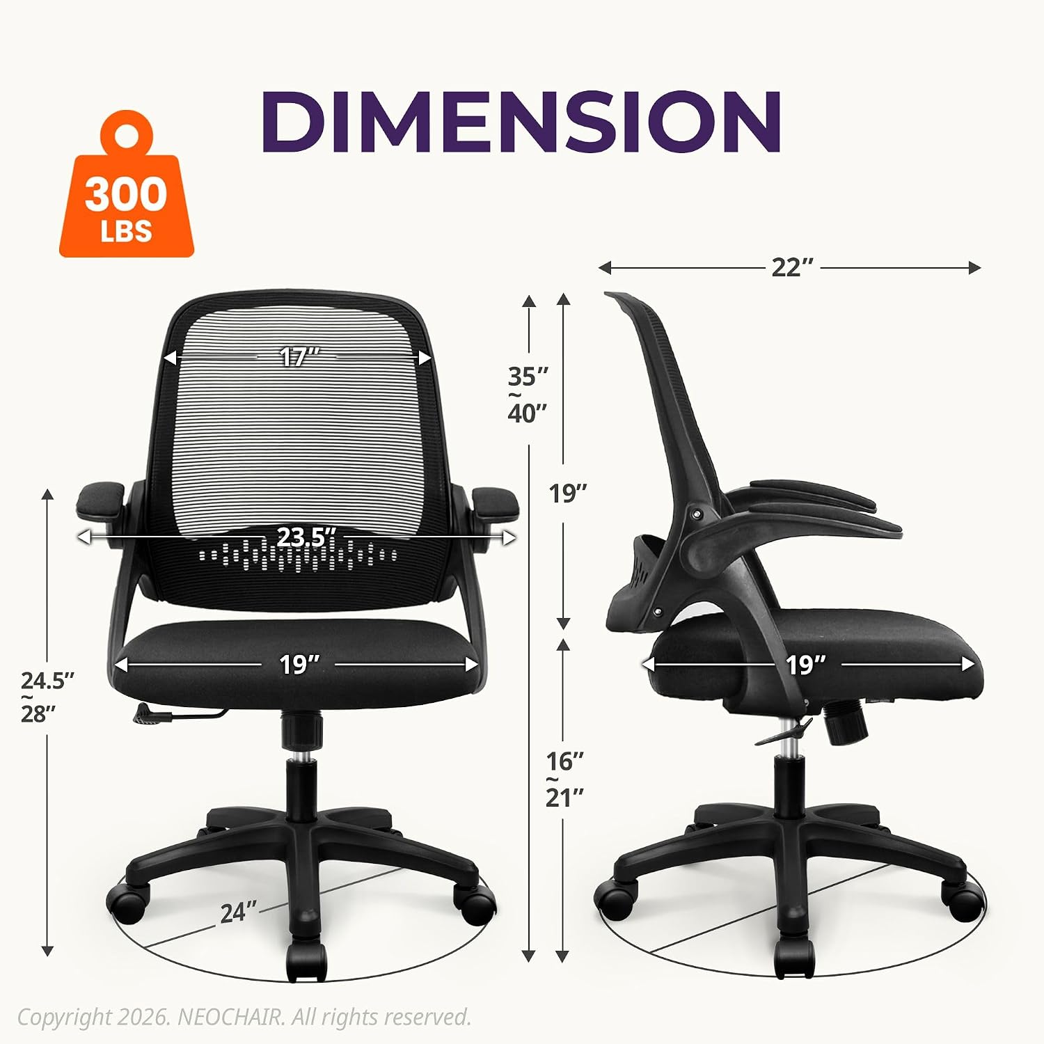 NEO CHAIR Office Desk Chair, Ergonomic Mesh with Flip-Up Arms, All Black