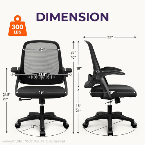 NEO CHAIR Office Desk Chair, Ergonomic Mesh with Flip-Up Arms, All Black