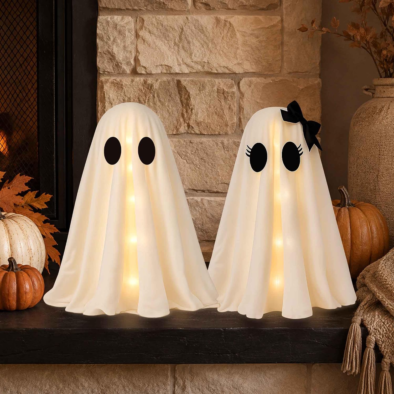 2 Pack 24 Inch Halloween Ghost Decorations, Light Up Ghosts with Witch Hats, DIY Spooky Ghost Decor with LED Lights for Porch Yard Lawn Garden Home Halloween Party