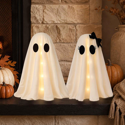 2 Pack 24 Inch Halloween Ghost Decorations, Light Up Ghosts with Witch Hats, DIY Spooky Ghost Decor with LED Lights for Porch Yard Lawn Garden Home Halloween Party