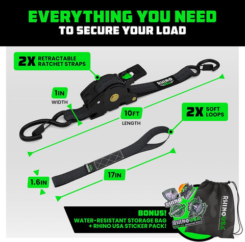 Rhino USA Retractable Ratchet Straps (2-Pack) - 1in x 10ft, 1,209lb, Black
