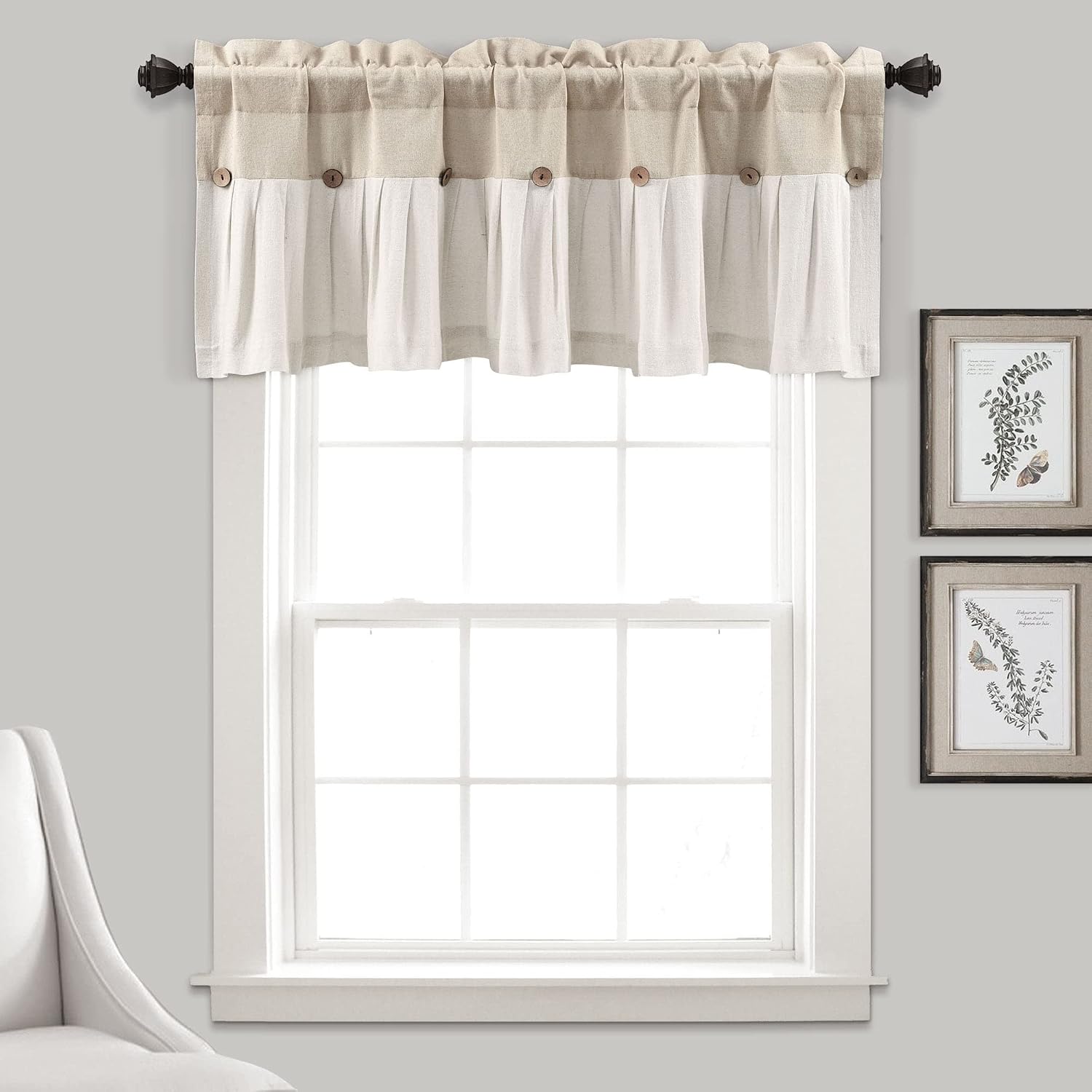 Lush Decor Linen Button Farmhouse Valance Curtians 52"W x 18"L Navy & White - Linen Valances For Windows - Kitchen Curtains Valances - Bathroom Curtain