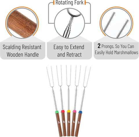 UNCO- Marshmallow Roasting Sticks, 32”, 5 Pack, Dark Brown Wooden Handle, Extendable Stainless Steel Smores Sticks for Fire Pit, Smores Skewers, Campfire Cooking Equipment