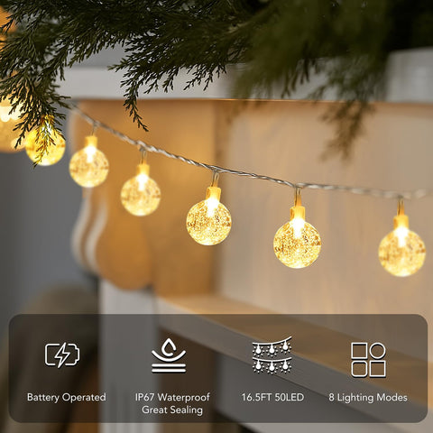 Metaku 16.4Ft 50LED Battery Operated Globe String Lights with Remote