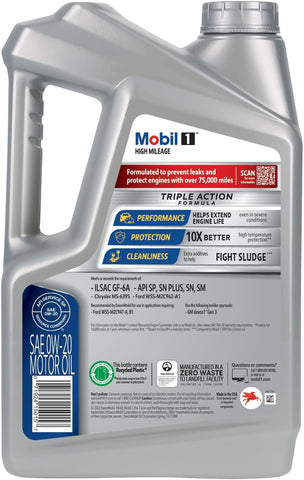 Mobil 1 High Mileage Full Synthetic Motor Oil 0W-20, 5 Quart