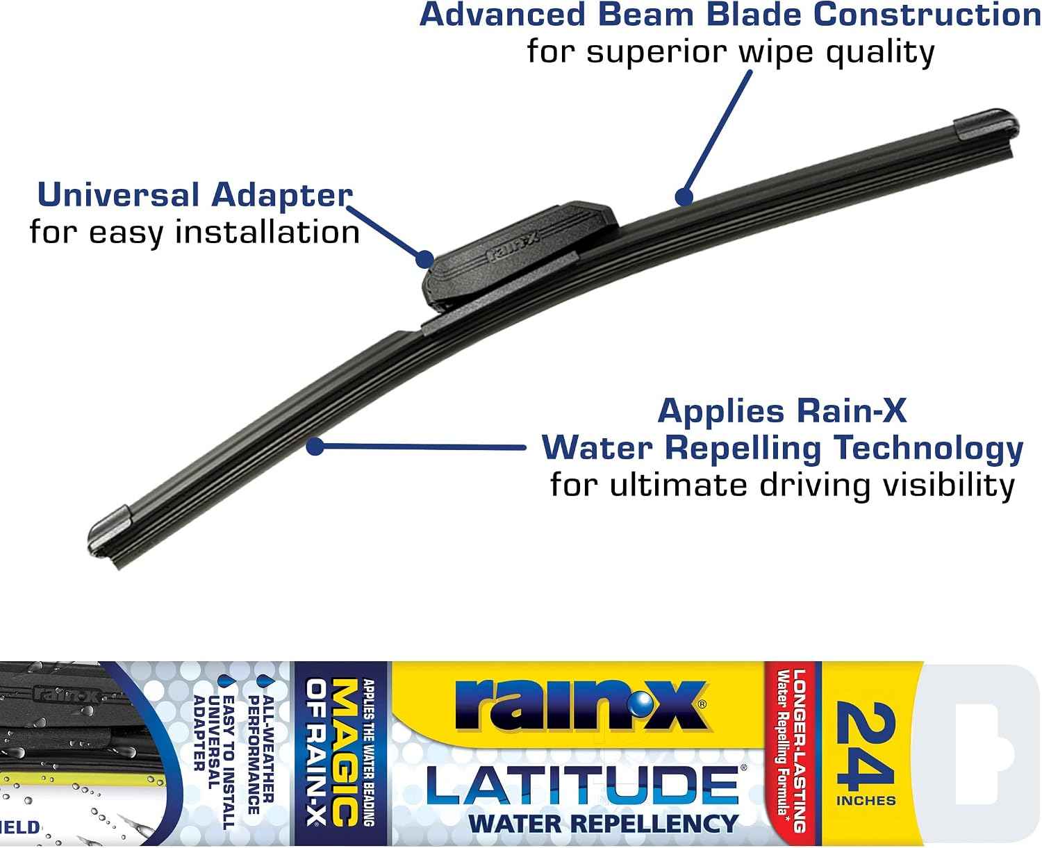 Rain-X 5079280-2 Latitude 2-In-1 Water Repellent Wiper Blades, 24 Inch Windshield Wipers (Pack Of 1), Automotive Replacement Windshield Wiper Blades With Patented Water Repellency Formula