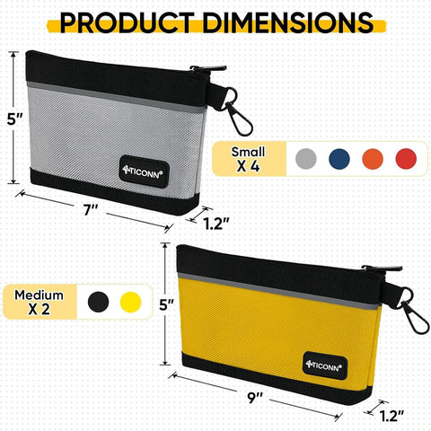 TICONN 6PK Tool Pouches with Zipper, Waterproof 1680D Oxford Small Tool Bag