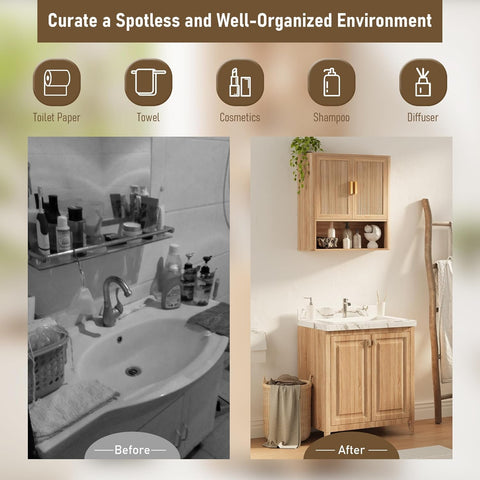 Bathroom Wall Storage Cabinet, Medicine Cabinet with Adjustable Wood Shelf & Doors, Over the Toilet Storage Cabinet Above Toilet Storage for Laundry Room & Living Room Kitchen Storage Islands (Oak)