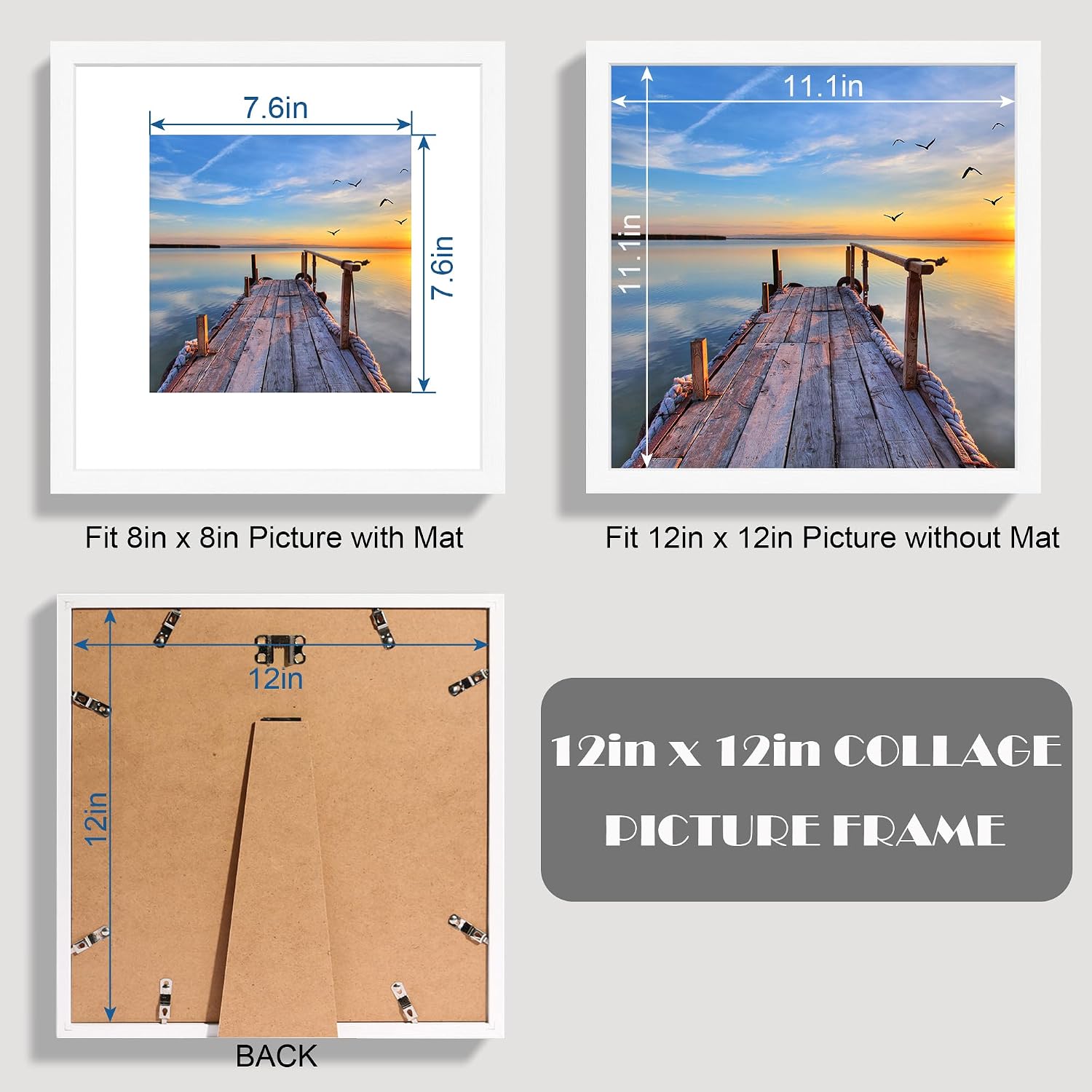 Hongkee 12x12 White Picture Frames Set of 3, Real Glass, Wood Frame,Mat 8x8