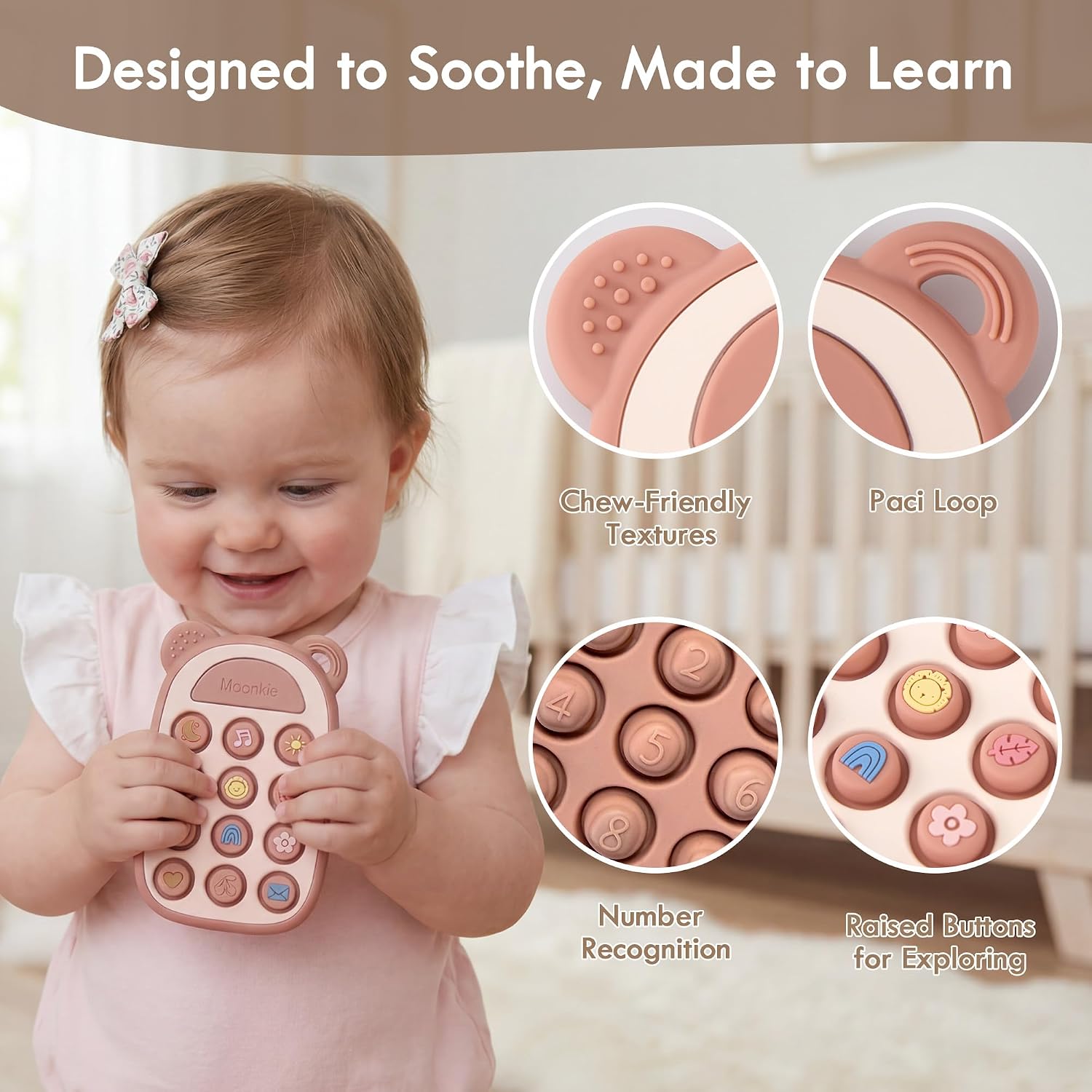 Moonkie Silicone Press Phone Teething Toy for Baby 3 Months+ | Soft BPA-Free Teether with Icon & Number Pop Bubbles | Ideal Gift for Baby Girls