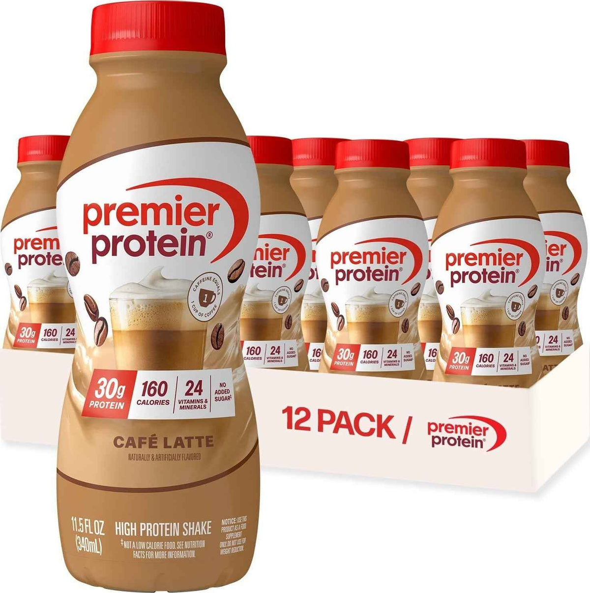 Premier Protein +Energy 30g High Protein Shake, Café Latte, 12 Pack
