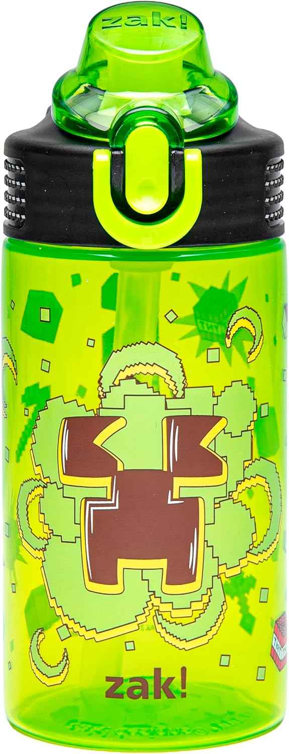 Zak Designs Minecraft Creeper Sage 16oz Leak-Proof Straw Kids Water Bottle