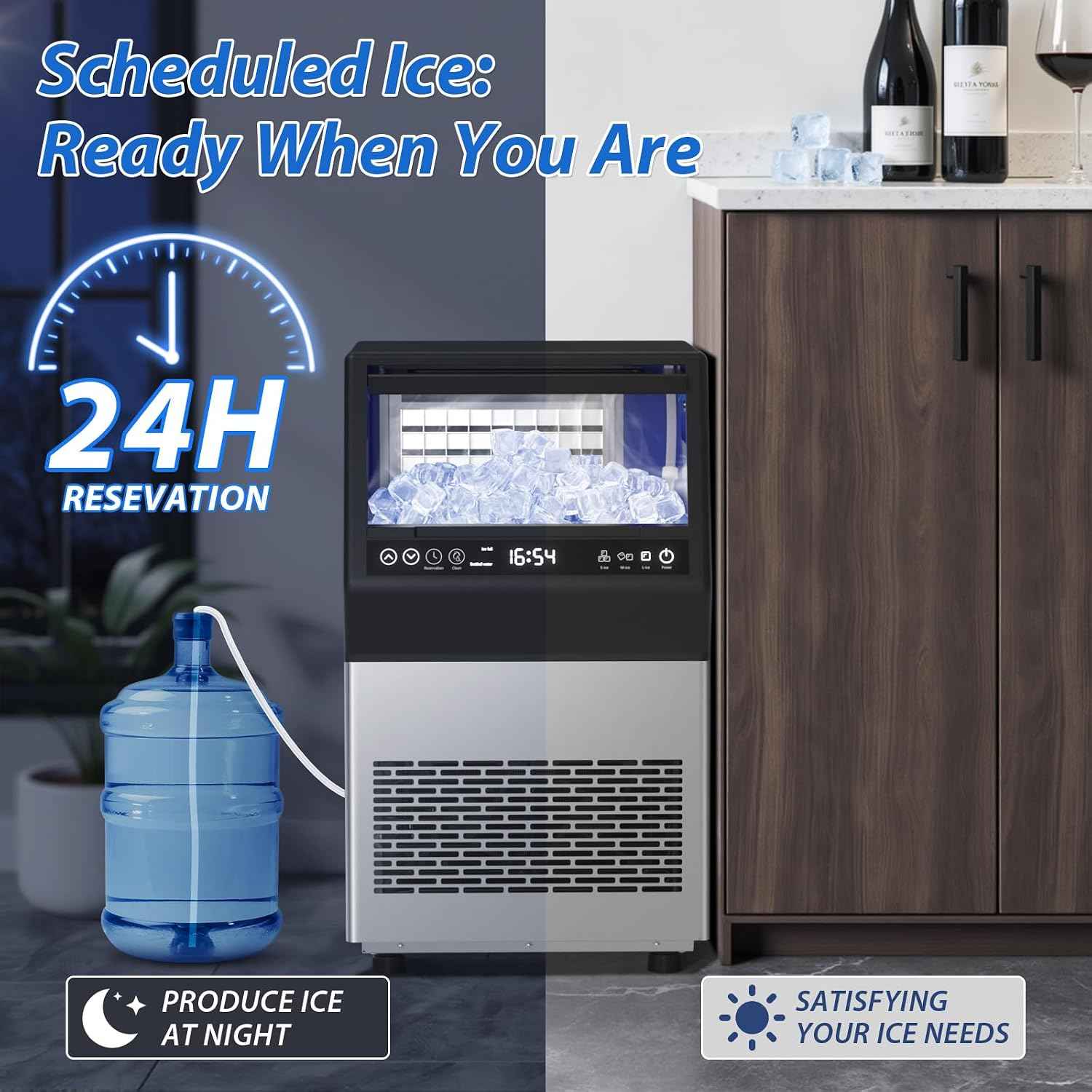 Commercial Ice Maker, 100LBS/24H Freestanding Ice Machine with Self-Priming Gallon Water& Facuet Water Inlet, Self-Cleaning, 3 Ice Thickness,16LBs Storage Bin for Home, Office,Garage, Bar, Restraunt