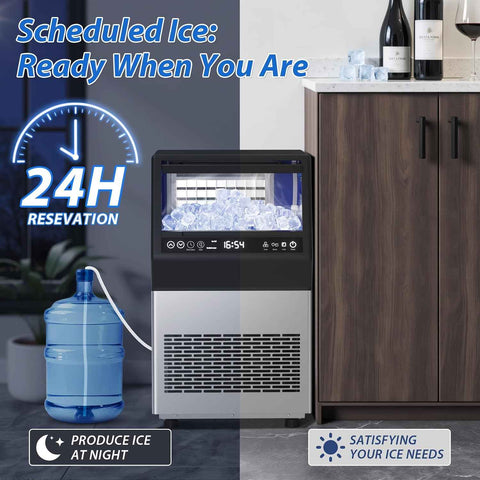 Commercial Ice Maker, 100LBS/24H Freestanding Ice Machine with Self-Priming Gallon Water& Facuet Water Inlet, Self-Cleaning, 3 Ice Thickness,16LBs Storage Bin for Home, Office,Garage, Bar, Restraunt