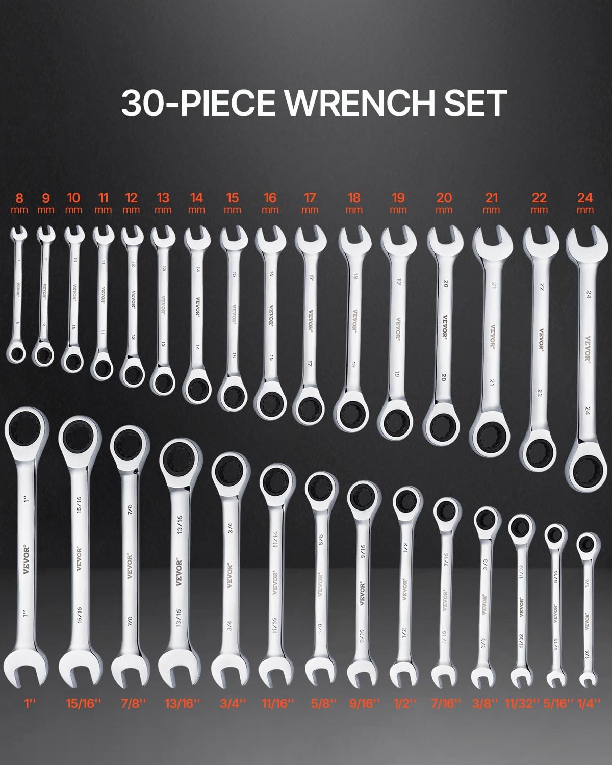 VEVOR Ratcheting Wrench Set, 30-Piece Combination Wrench Set, 72 Teeth