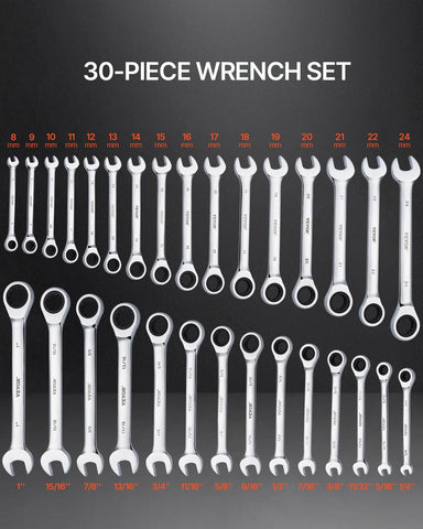 VEVOR Ratcheting Wrench Set, 30-Piece Combination Wrench Set, 72 Teeth