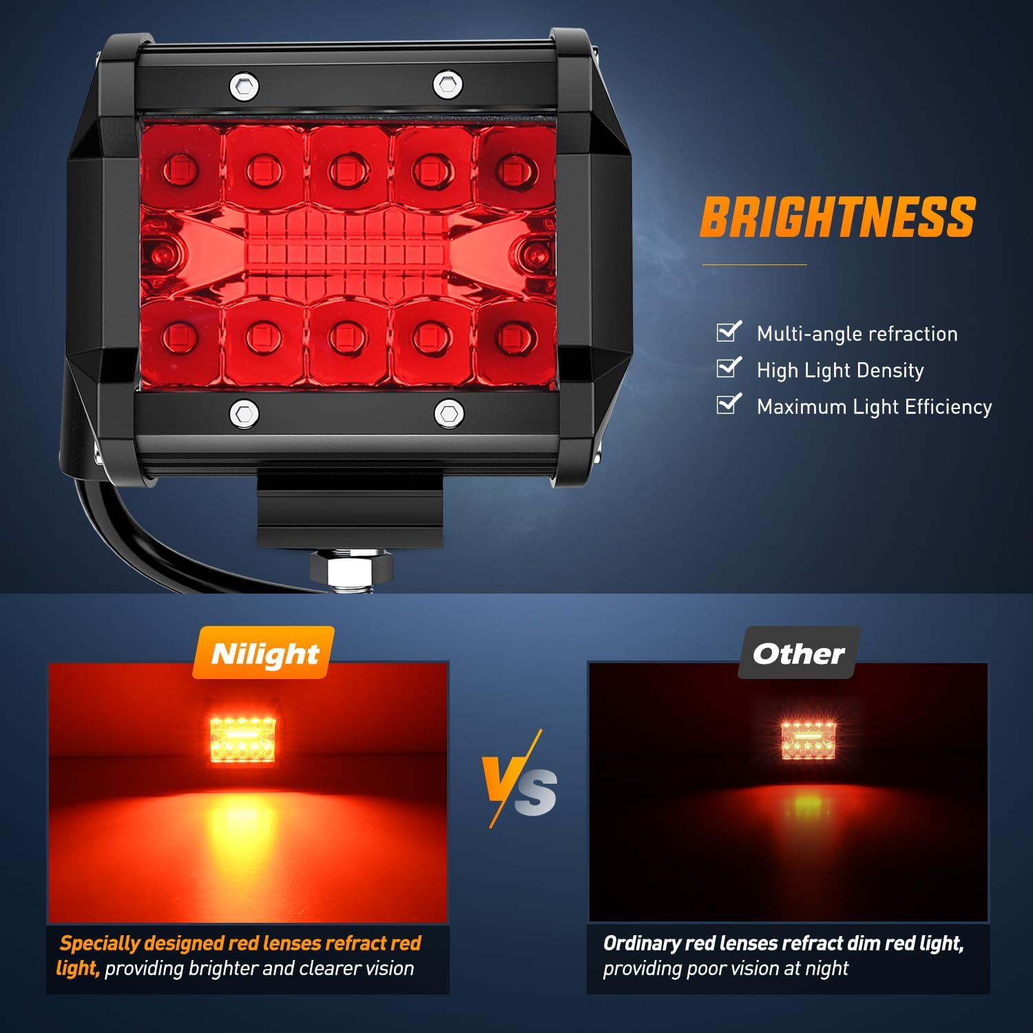 Nilight 4 inch LED Light Pod Red Triple Row 2PCS 60W Flood Spot Combo Driving Fog Lights Fishing Hunting Emergency Safety Signal Deck Trailer Lighting for UTV Pick-up Van Boat Tractor