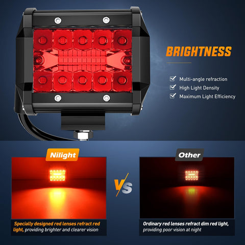 Nilight 4 inch LED Light Pod Red Triple Row 2PCS 60W Flood Spot Combo Driving Fog Lights Fishing Hunting Emergency Safety Signal Deck Trailer Lighting for UTV Pick-up Van Boat Tractor