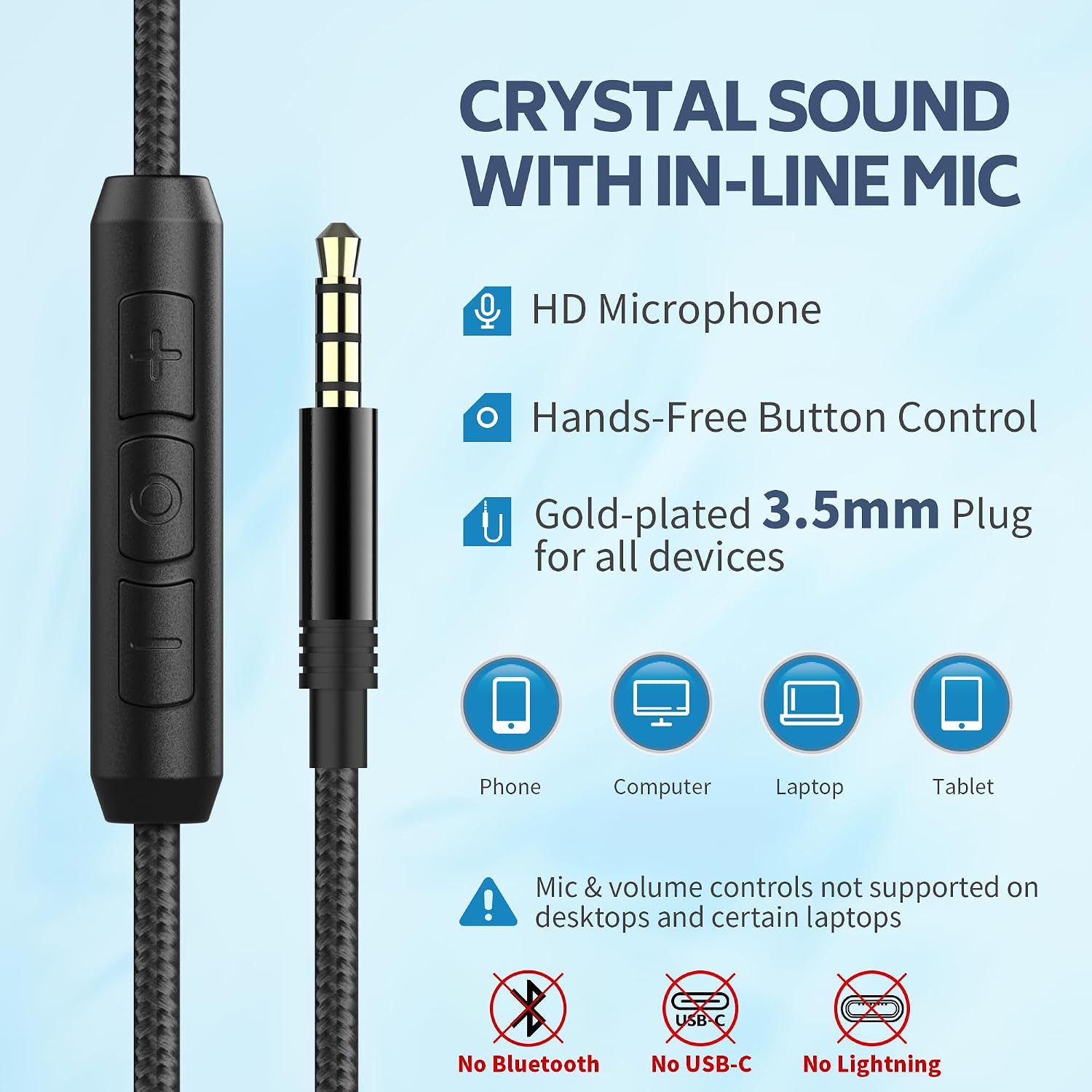 AC01 Over-Ear Headphones Wired with Mic Volume Control, Black Blue