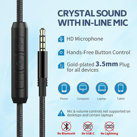 AC01 Over-Ear Headphones Wired with Mic Volume Control, Black Blue