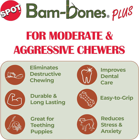 SPOT Bam-Bones Plus T-Bone Dog Chew, Beef, 4in, 10-30 lb Heavy Chewers