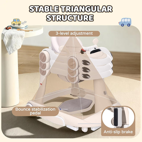 Baby Walker, 4-in-1 Baby Walker with Wheels Portable, Foldable Infant Toddler Walker for Boys Girls 6-18 Month,Removable Footrest,Car Steering Wheel & Music, Adjustable Push Walker Pink, Beige