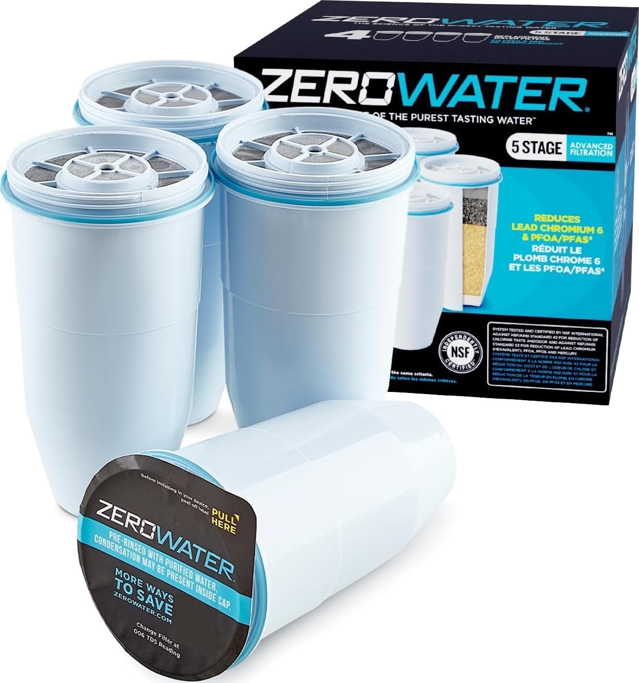 ZeroWater Official Replacement Water Filter Removes PFOA/PFOS 4-Pack​