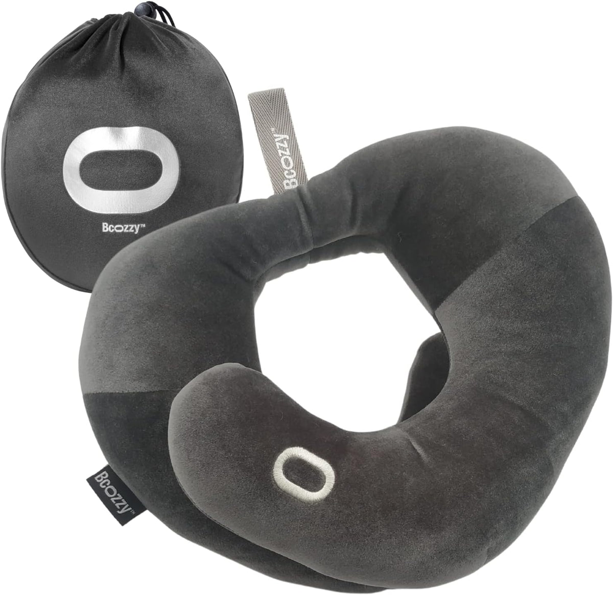 BCOZZY Flat-Back Travel Neck Pillow - Patented Head, Neck & Chin Support for Comfortable Resting on Airplanes, in Cars and Recliners. Soft, Adjustable, Fully Washable, Large, Gray