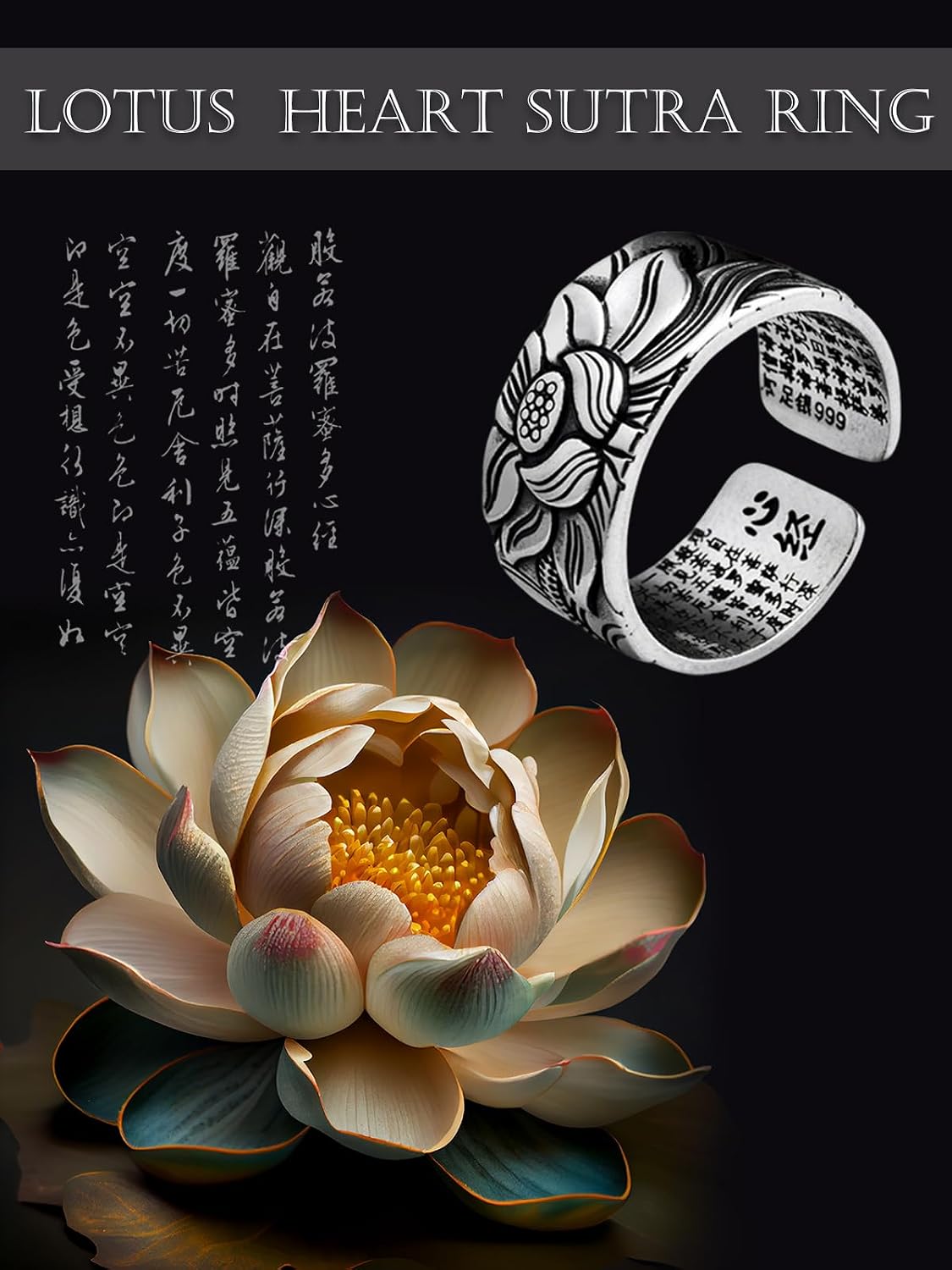 Vintage Silver Feng Shui Lotus Ring - Adjustable Heart Sutra Mantra Rings for Women Men, Protection Wealth Lucky Ring, Tibetan Buddhist Good Luck Amulet Meditation Gifts