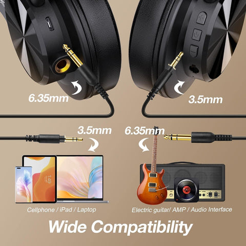 OneOdio A70 Bluetooth Over Ear Headphones, Wireless Headphones w/ 72H Playtime, Hi-Res, 3.5mm/6.35mm Wired Audio Jack for Studio Monitor & Mixing DJ Guitar AMP, Computer Laptop PC Tablet - Black