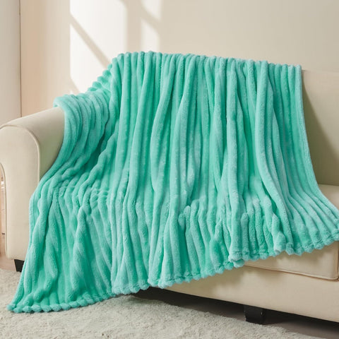 NEWCOSPLAY Fleece Ribbed Cozy Throw Blanket for Couch, Aqua, 50"x60"