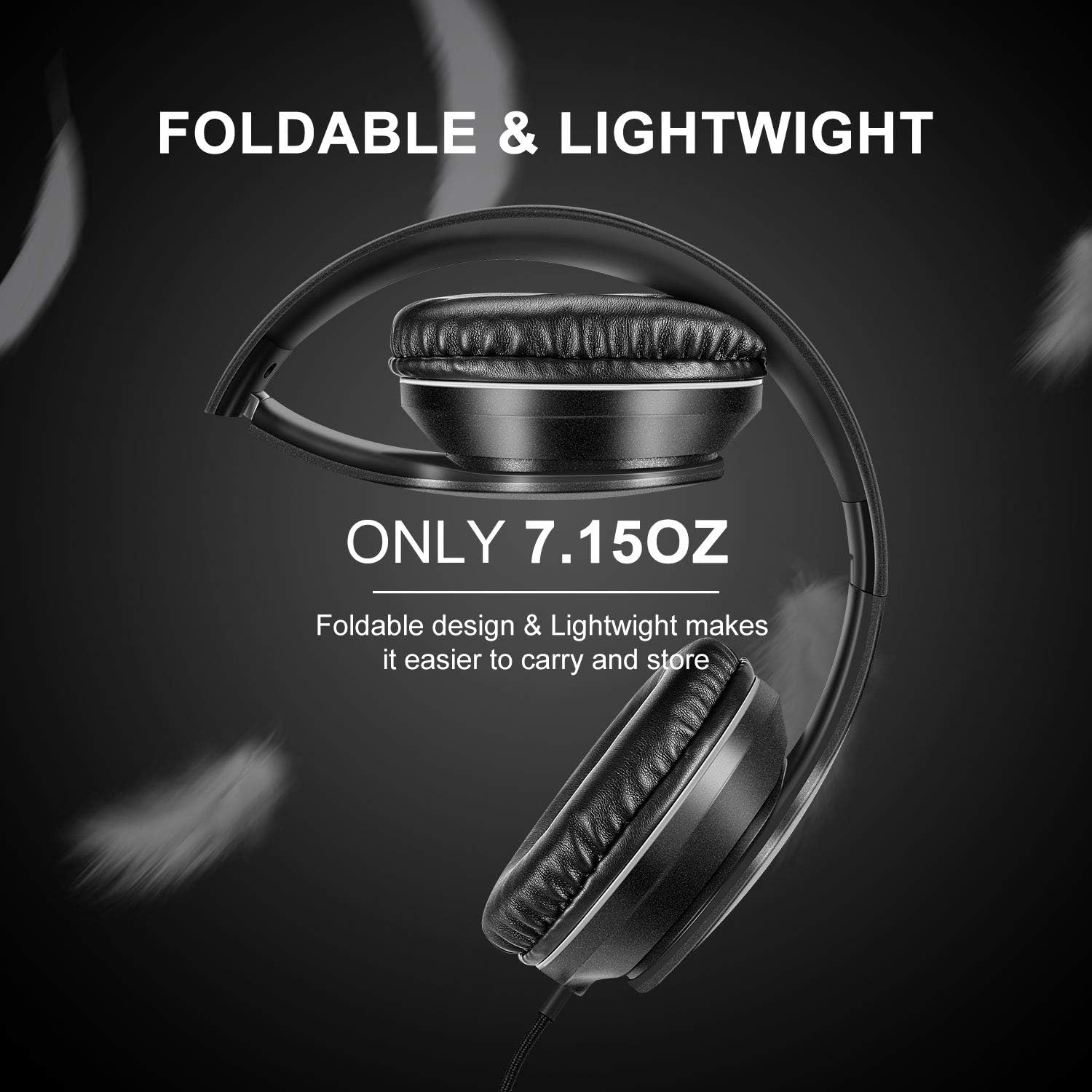 LORELEI X6 Over-Ear Wired Stereo Bass Headphones with Microphone, Lightweight, Foldable & Portable with 1.45M No-Tangle for Smartphone, Tablet, MP3/4, Space Black